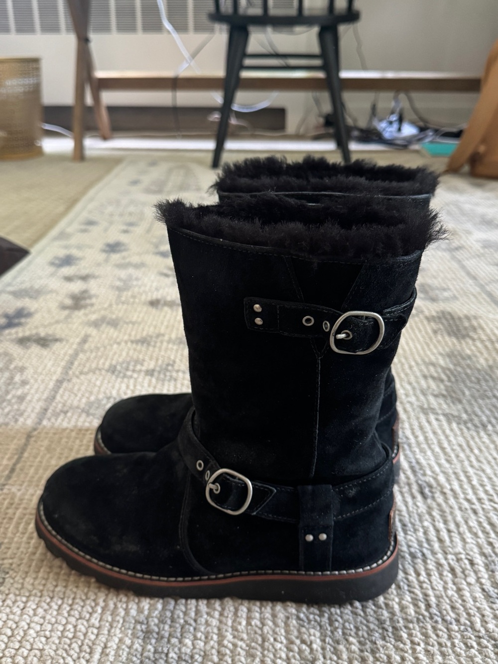 UGG Black Suede Shearling Buckle Mid-Calf Boots
